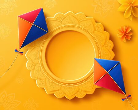 Makar Sankranti Celebration with Colorful Kites against Mandala Floral Orange Background and Copy Space.