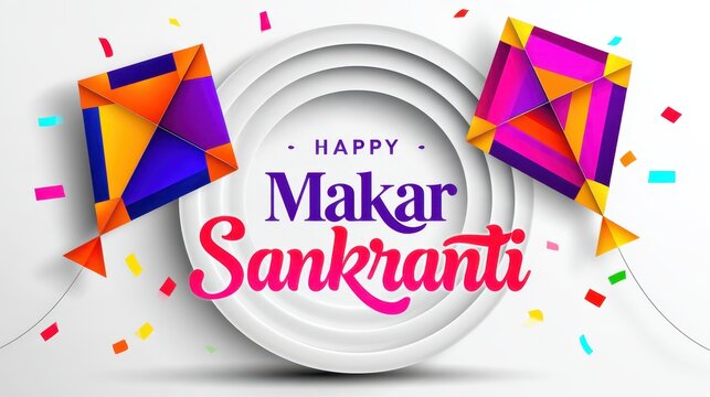 Happy Makar Sankranti Greeting Card and Banner Design with Colorful Kites and Confetti Floating on White Background Illustration.