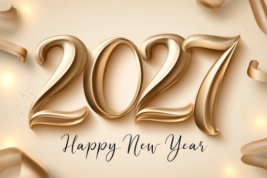 Happy New Year 2027 Greeting Card Design with Golden Text and Ribbon.