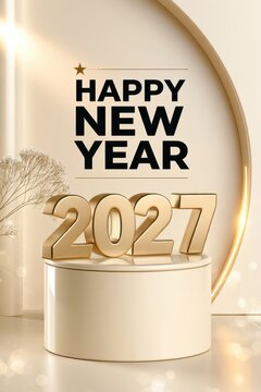 Happy New Year 2027 Poster Template Design with Podium in Golden Color.