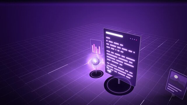 Violet 3D AI text generation on document page with light grid floor