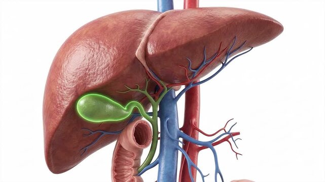 Detailed 3D Medical Illustration of Human Liver and Gallbladder Anatomy, Highlighting Bile Production and Storage Organs with Blood Vessels