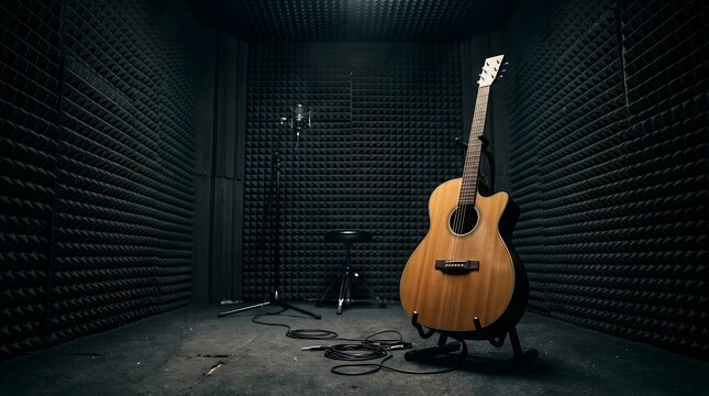 Acoustic guitar resting on a metal stand inside a dark professional recording studio with foam panels