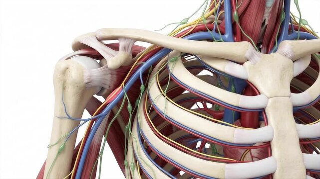 3D Human Upper Body Anatomy Diagram: Detailed rendering of the shoulder, rib cage, muscles, arteries, veins, nerves, and lymphatic system for medical education.