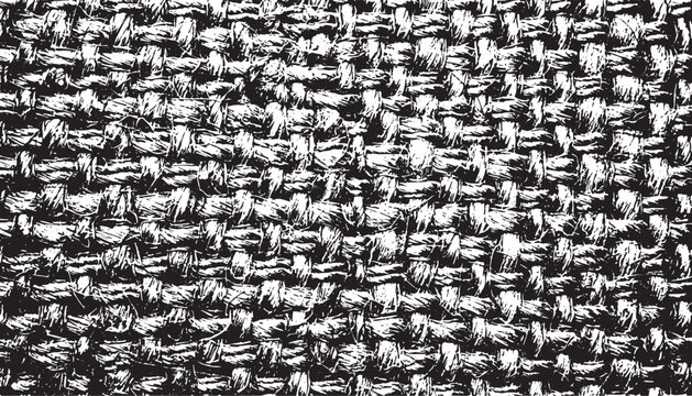 Rough woven burlap texture in monochrome high contrast black and white detailed close up on transparent background.
