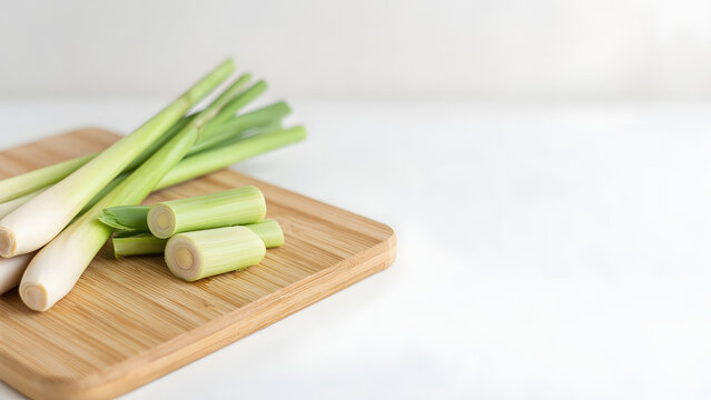 Fresh lemongrass stalks and cut pieces on wooden board, copy space