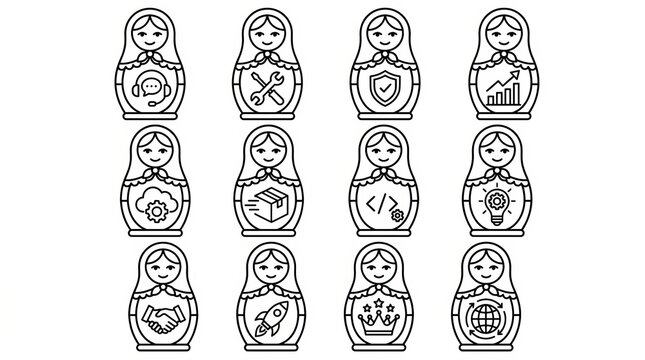 Set of matryoshka dolls with various traditional Russian symbols and icons.