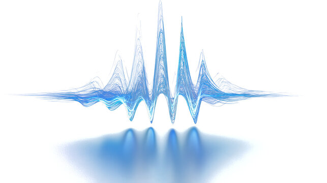 Abstract blue glowing sound wave frequency visualization with light reflections on a transparent background