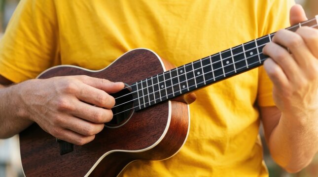 Close-up of a young man in a bright yellow t-shirt playing a small wooden acoustic ukulele outdoors, strumming strings with fingers, musician practicing musical instrument in natural sunlight