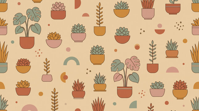 Seamless pattern of boho potted houseplants and succulents with abstract geometric shapes on beige background.