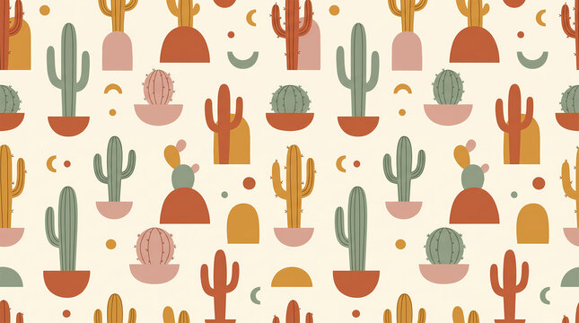 Seamless bohemian pattern with stylized desert cacti, potted succulents, and abstract geometric shapes in earthy pastel tones.