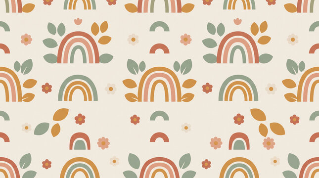 Boho rainbow seamless pattern with floral elements and leaves on beige background for nursery wallpaper and textile design.