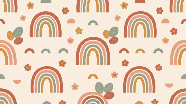 Seamless bohemian pattern with cute rainbows, flowers, and leaves in earthy pastel tones.