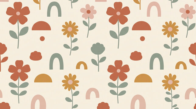 Seamless retro floral pattern with abstract geometric arches and flowers in earthy boho colors