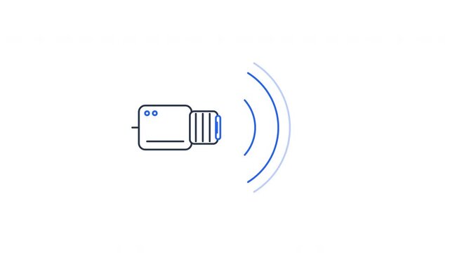 Minimal flat 2D industrial proximity sensor icon with clean charcoal outlines and blue detection waves pulsing in a seamless loop on a white background. Suitable for industrial automation interfaces,