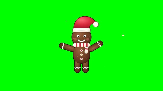 Cute animated gingerbread man wearing a Christmas hat on a green background.