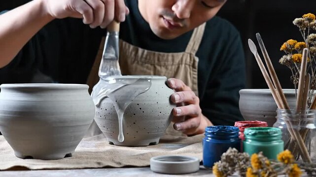 Male potter applying liquid glaze to a clay pot with a brush in studio. Professional ceramic artist glazing handmade pottery.