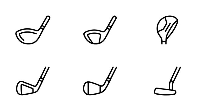 Minimalist golf clubs vector set, line art equipment icons for sports design and web use