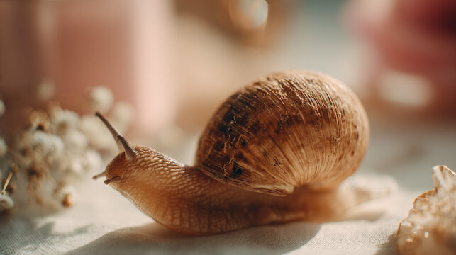 Brown Garden Snail with Spiral Shell on Light Fabric