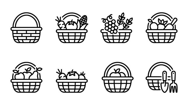 Minimalist basket icons vector set. Outline harvest and farming symbols for graphic design