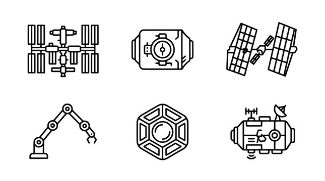 Minimalist space station icons, orbital satellite vector set for science and astronomy design