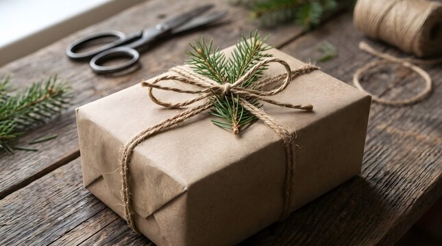 Brown kraft gift box with twine and pine twig