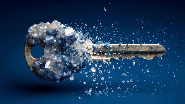 Metal key covered in sparkling ice crystals breaks apart as fragments scatter through the air against a vivid blue background in dramatic conceptual close up footage
