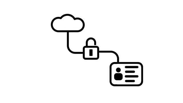 Line icon of a cloud linked to a padlock and an identity card representing secure cloud identity, digital authentication and protected personal data