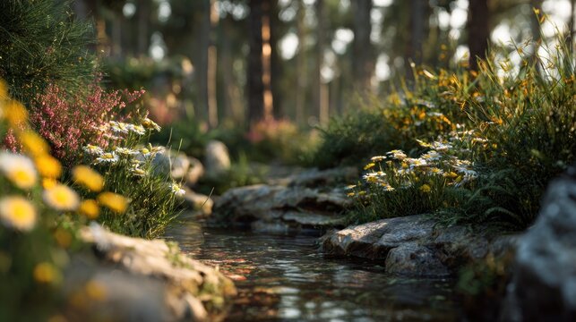 Clear forest stream flowing over mossy stones