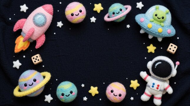 Cute felt outer space frame with cartoon planets, rocket, astronaut, UFO on black background. Whimsical cosmic elements like stars, dice create border for copy space. Kids astronomy theme for nursery