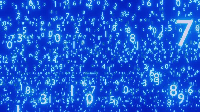 An animation in which countless 3D glowing numbers like snowflake move in various directions while slowly changing their values created procedural and geometric math 3d render on cold blue background.