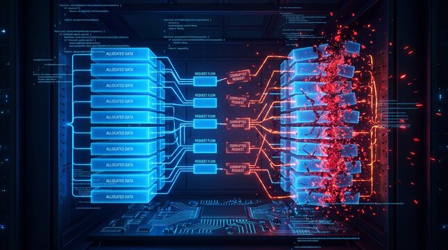 Digital server data blocks with glowing blue connections and red system failure