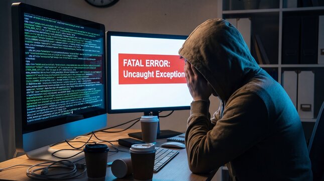 Stressed programmer facing fatal error uncaught exception on computer screen at night