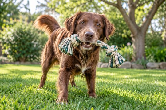 Brown Dog Carrying a Knotted Rope Toy on Green Garden Grass Outdoors