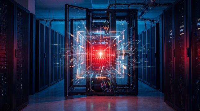 Glowing digital cube hologram inside modern server room with red light beams