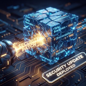 Security patch laser beam hitting glass cube with php code on circuit board