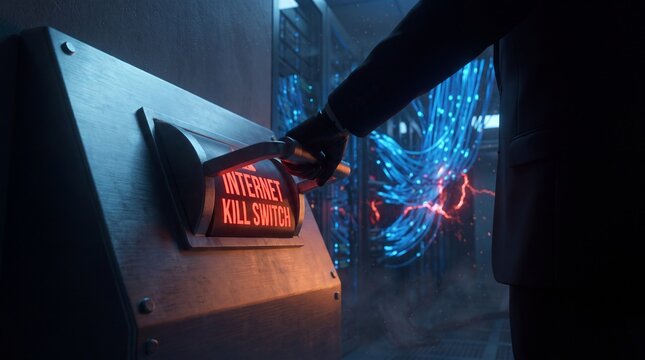 Hand pulling internet kill switch lever in dark server room with glowing cables