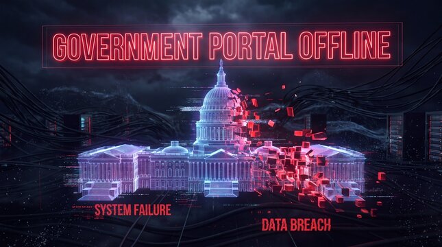 Government portal offline text with digital capitol building showing system failure and breach