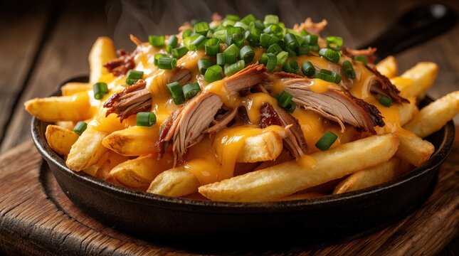 Close up of loaded fries in cast iron skillet. Crispy golden french fries topped with melted cheese, pulled pork meat, chopped green onions. Tasty snack served on wooden board. Hot delicious comfort