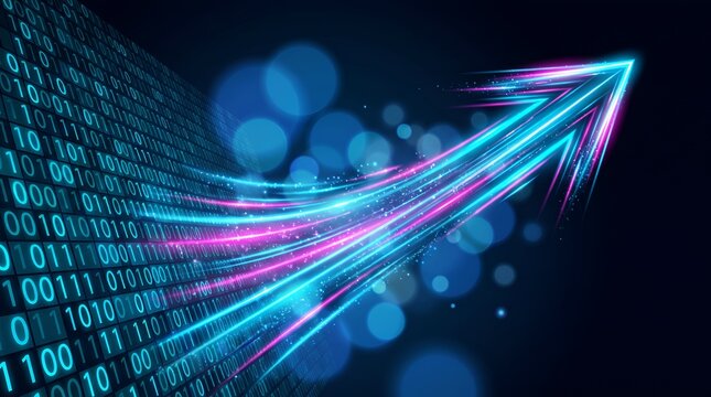 Glowing blue and purple digital arrow surging upward from binary code representing high speed data transmission and performance