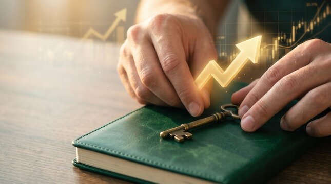 Modern technology concept. Hands place a key on a notebook with a growth chart hologram, showing property finance, investment planning and wealth rise.