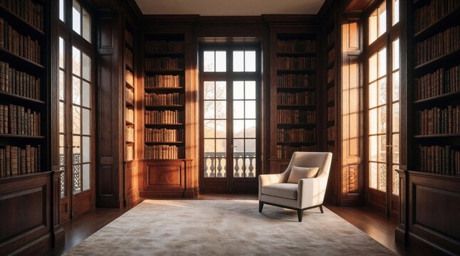 Elegant home library with floor to ceiling wooden bookshelves filled with books. Large paneled windows let warm sunlight stream into cozy room. Comfortable beige armchair sits on soft carpet in quiet