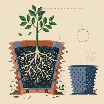 Botanical illustration showcasing healthy plant root system development inside a specialized pot for gardening education