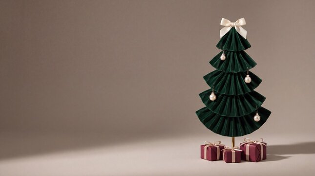 Green paper pleated Christmas tree with white bow and gifts on beige background