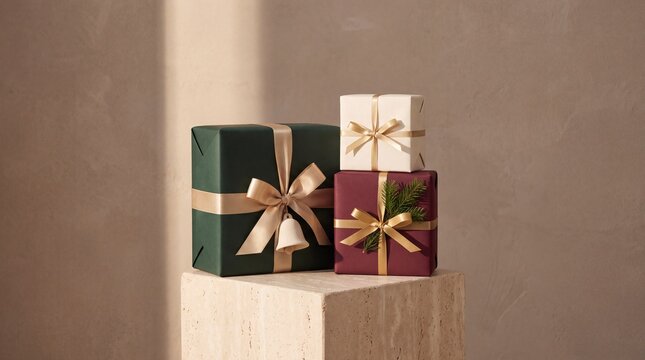 Three wrapped Christmas gift boxes with gold ribbons on a stone pedestal