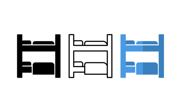 Bunk bed icons set in flat, outline, and solid styles. Minimalist dormitory furniture symbols, hostel sleeping arrangement graphics for travel apps.