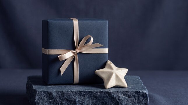 Dark blue gift box with gold ribbon and star ornament on stone base