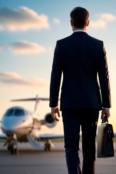 Businessman with briefcase walking towards private jet at sunset