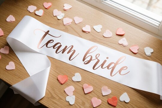 White satin sash with rose gold Team Bride text on wooden table. Pink, white paper hearts scattered around wedding accessory. Bridal shower decoration for bachelorette party celebration. Feminine