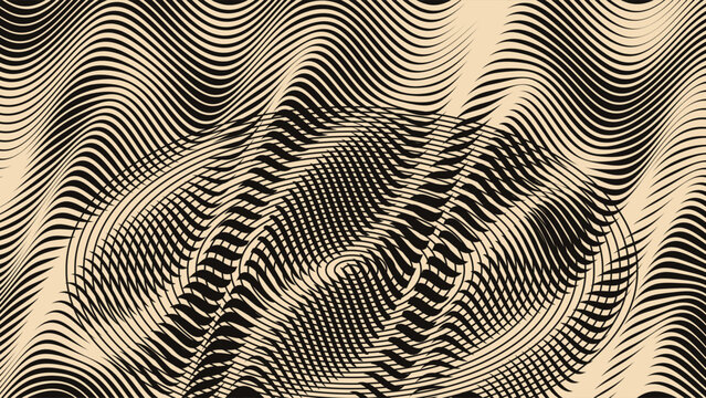 Abstract wavy line texture vector background. Vintage engraved swirl pattern creates an optical illusion effect. Monochrome moire backdrop.